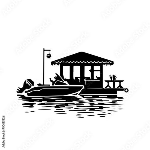 Boathouse with boat on lake