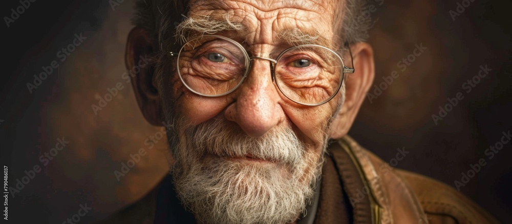 An older gentleman with gray hair, wearing eyeglasses and a thick beard, gazes calmly at the camera An older gentleman with gray hair, wearing eyeglasses and a thick beard, gazes calmly at the camera