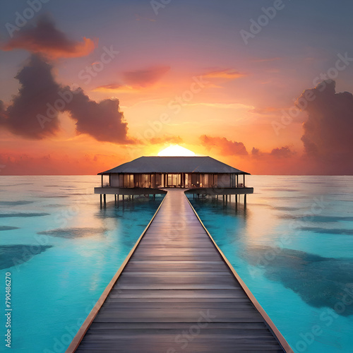 Wooden pier leading to tropical island at sunset. 3D rendering © Waqas