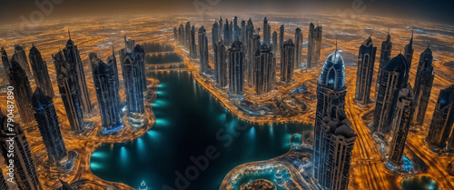 Night time Aerial View of Dubai City Lights