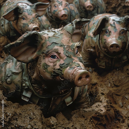Army of pigs in mud-camouflaged armor, war-torn terrain, eye-level view