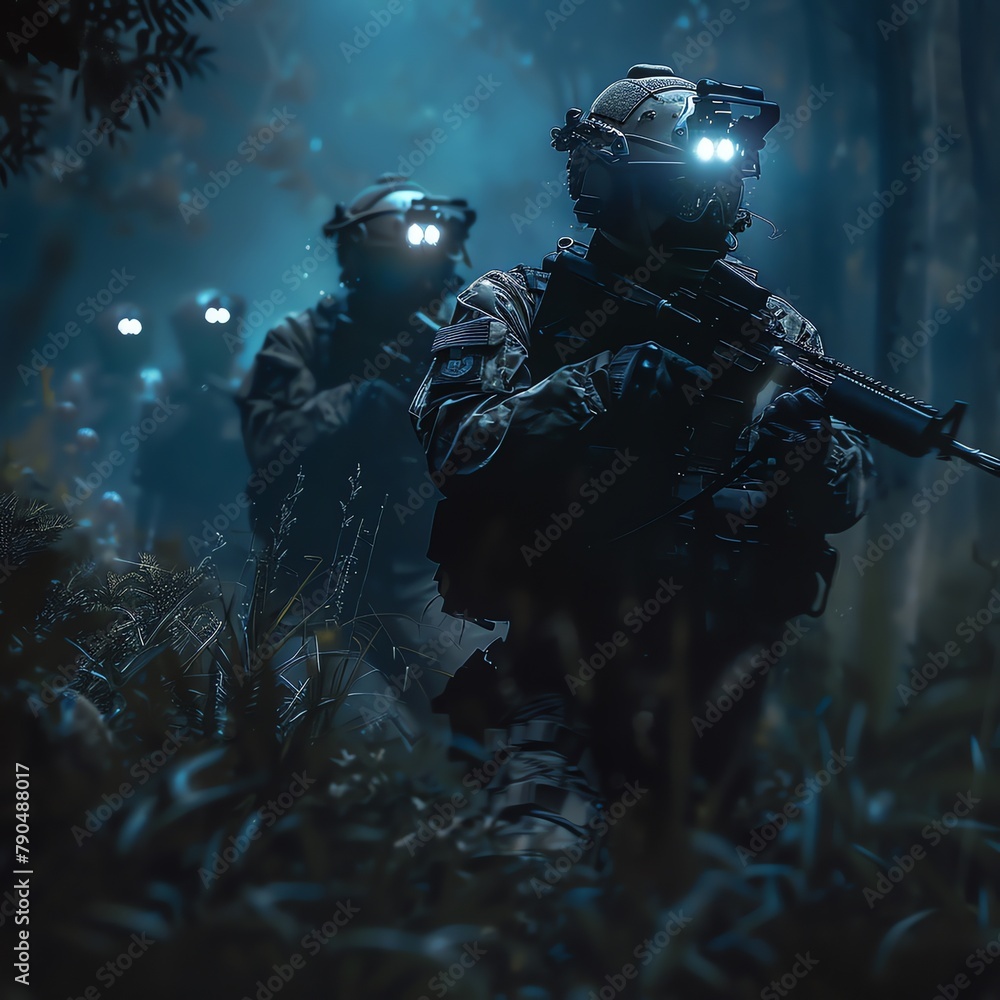 Naklejka premium Bull commandos on stealth mission, night operation, low-light, close angle