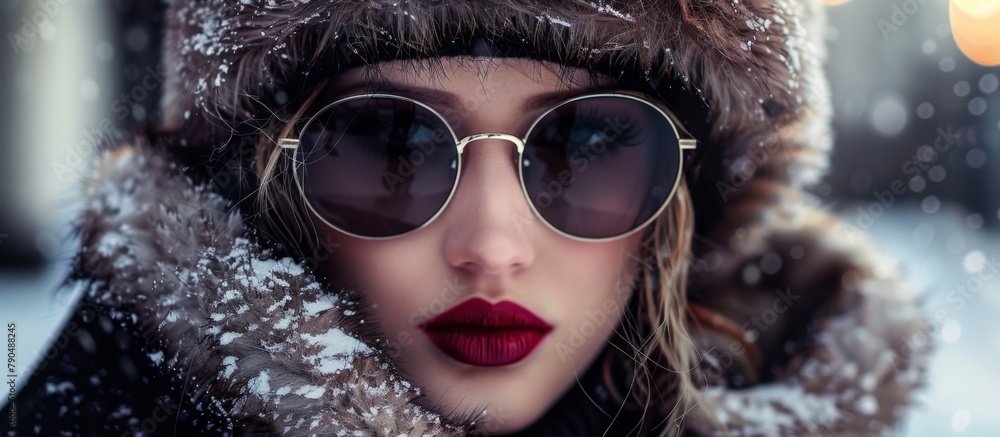 A stylish woman wearing a fur hat and sunglasses stands in the snow, looking fashionable and trendy A stylish woman wearing a fur hat and sunglasses stands in the snow, looking fashionable and trendy