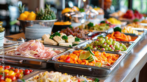Indoor Catering Buffet, Colorful Spread of Meat, Fruits, and Vegetables © Thanos