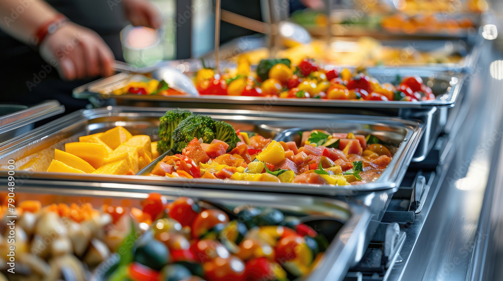 Obraz premium Indoor Catering Buffet, Colorful Spread of Meat, Fruits, and Vegetables