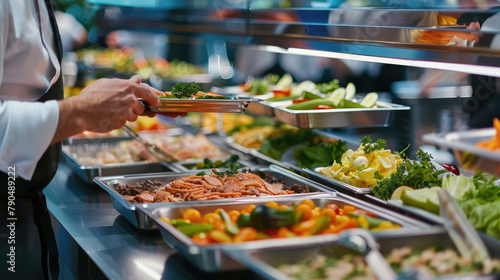 Indoor Catering Buffet, Colorful Spread of Meat, Fruits, and Vegetables