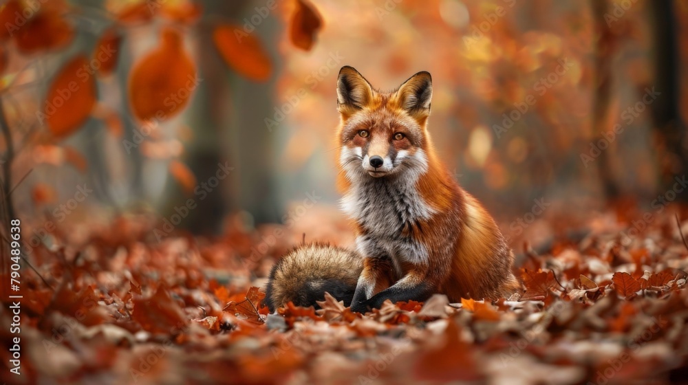 Fototapeta premium A fox in a woodland surrounded by foliage