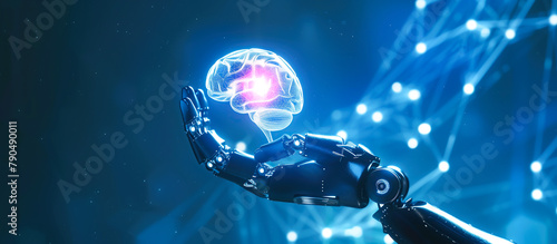 A robotic hand gently cradles a glowing brain with the shimmering neural network. The fusion of human intelligence with artificial intelligence. Generative AI. photo