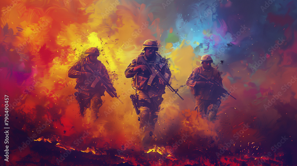 Abstract Artistic Interpretation of Soldiers in Combat with Explosive Colors - obrazy, fototapety, plakaty 