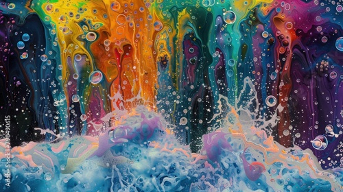 digital artwork showcasing the vibrant colors and textures of shampoo foam as it cascades down a waterfall ​