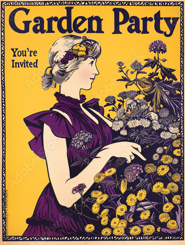 Garden poster, garden party poster, celebration, tea party, gardening, leisure, botanical, floral poster, lady with flower, art nouveau, art deco, vintage poster, poster illustration