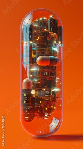 A glowing orange and red city inside a glass capsule.