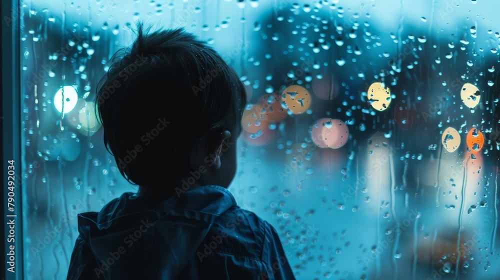 A silhouette of a small boy looking out a rainy window, feeling isolated and lonely A silhouette of a small boy looking out a rainy window, feeling isolated and lonely