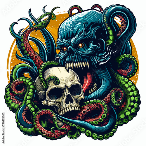 illustration of human skull with octopus tentacles kraken monster