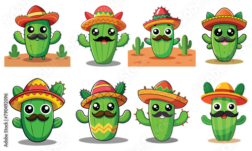 Vector of cactus tree with sombrero and Guiter and flowers with mustache decoration illustration for Cinco de mayo clipart set, Collection of design element vector for Mexican festival day vector
