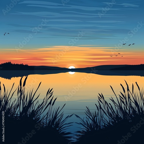 Sunset over a calm lake, serene summer, vector graphic, low angle view © Samaphon