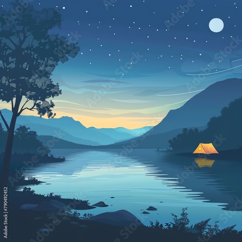 Vector camping scene by river, summer dusk, tranquil, from a distance