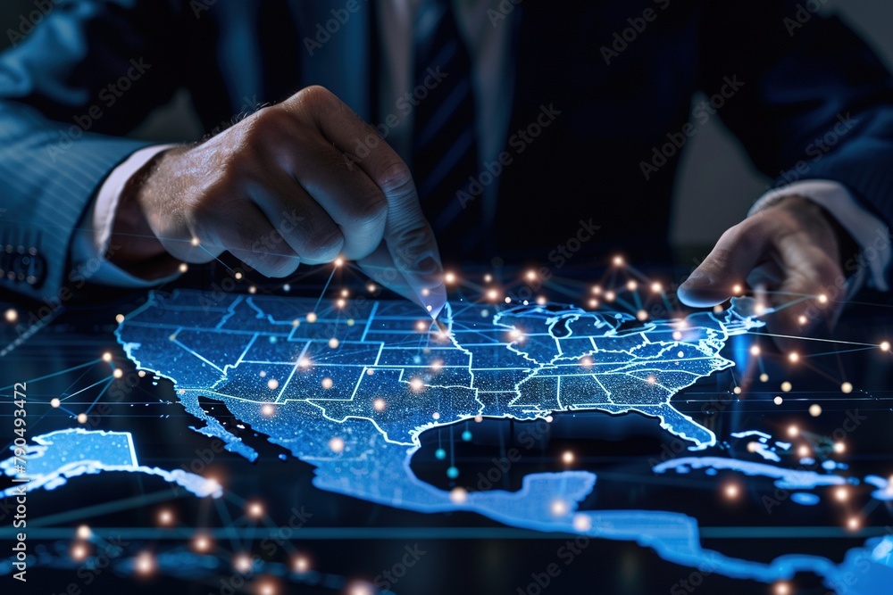Digital Leader Choosing USA Map: American Global Network Concept Digital Leader Choosing USA Map: American Global Network Concept