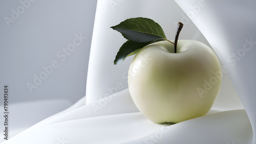 Concept of perfection, purity, and innocence. A flawless, snow-white apple against a silky white backdrop. 