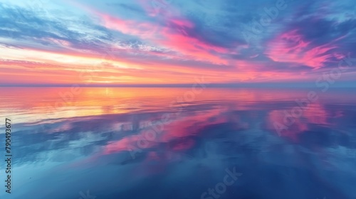 Vivid sunrise over a peaceful sea with striking pink and blue hues reflecting on the water surface Concept of dawn's early light, hope, and the calmness of the sea
