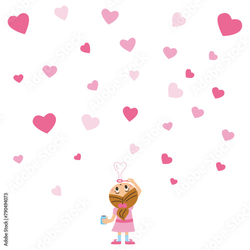 ハート型のシャボン玉を吹く子供のカットイラスト 