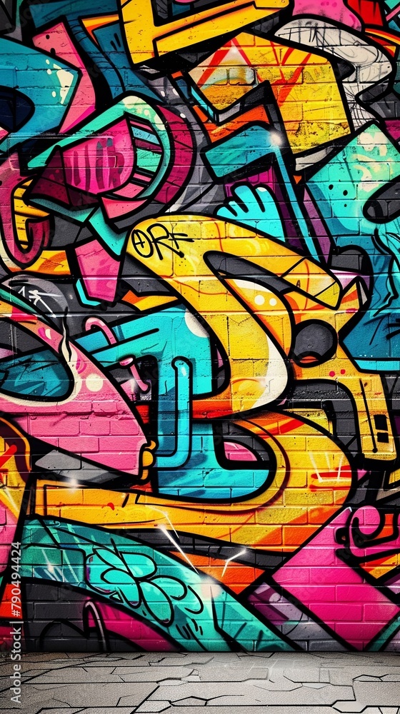 A colorful wallpaper for iPhone with graffiti on it, the background is a black and grey concrete wall 