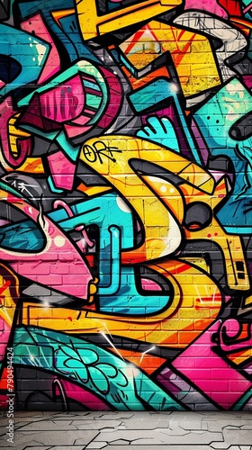 A colorful wallpaper for iPhone with graffiti on it, the background is a black and grey concrete wall 