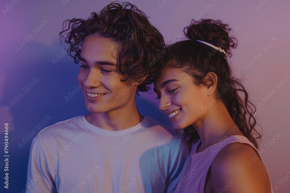 Horizontal shot of mixed race, couple stand closely to each other, isolated over background
Horizontal shot of mixed race, couple stand closely to each other, isolated over background