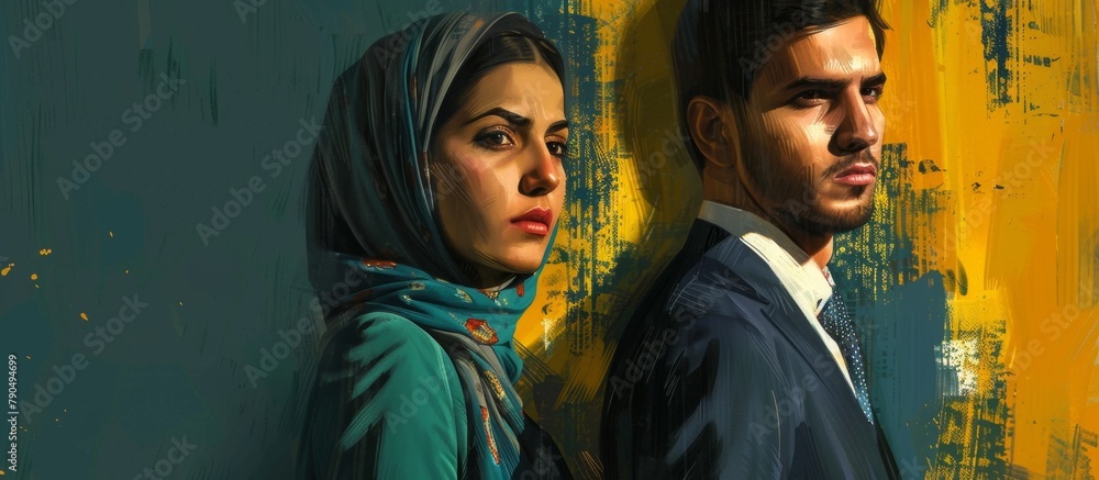 An artistic depiction of a gentleman and a lady standing closely side by side in a painted image An artistic depiction of a gentleman and a lady standing closely side by side in a painted image
