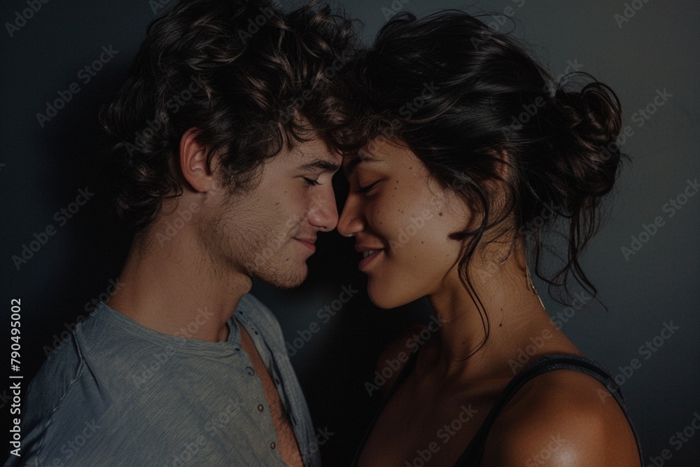 Horizontal shot of mixed race, couple stand closely to each other, isolated over background
Horizontal shot of mixed race, couple stand closely to each other, isolated over background