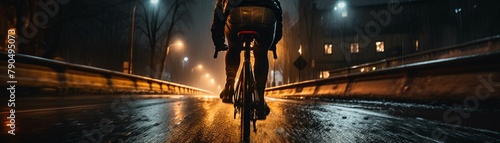 A cyclist at night  with a long exposure capturing the trail of their bike light in a documentary photography technique   close up