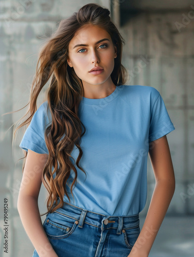 A woman wearing a blank blue t-shirt mock-up, mock up for t-shirt design 