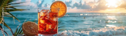 Aerial Shot  Genre Tropical  Emotion Refreshing  Scene Iced hibiscus tea with citrus slices  Composition Asymmetrical  Lighting Bright, natural light  Time Noon  Location Beachside Cafe , minimalist photo