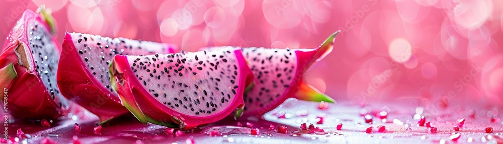 Closeup Shot Genre Exotic Emotion Alluring Scene Dragon fruit slices on a vivid background Composition Centered Lighting Soft artificial light Time Closeup Shot Genre Exotic Emotion Alluring Scene Dragon fruit slices on a vivid background Composition Centered Lighting Soft artificial light Time