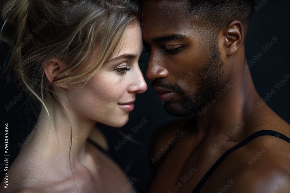 Horizontal shot of mixed race, couple stand closely to each other, isolated over background. Horizontal shot of mixed race, couple stand closely to each other, isolated over background.