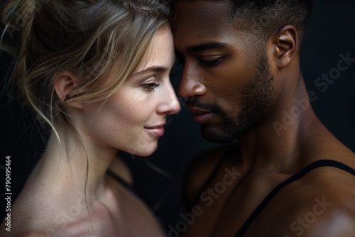 Horizontal shot of mixed race, couple stand closely to each other, isolated over background.