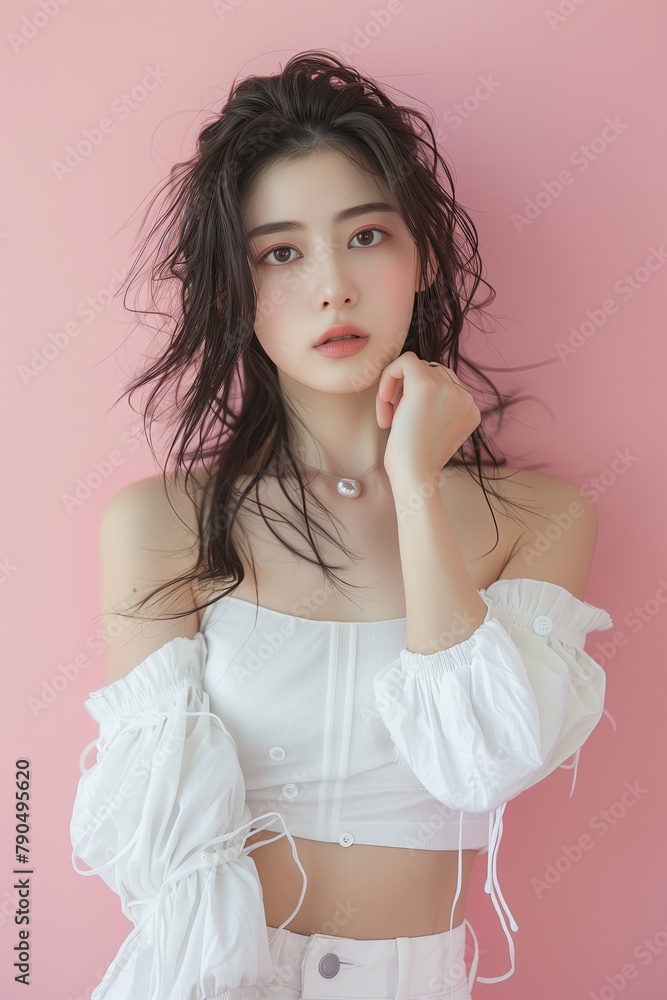 Young Asian beauty woman with korean makeup style touch her face and perfect skin on isolated pink background