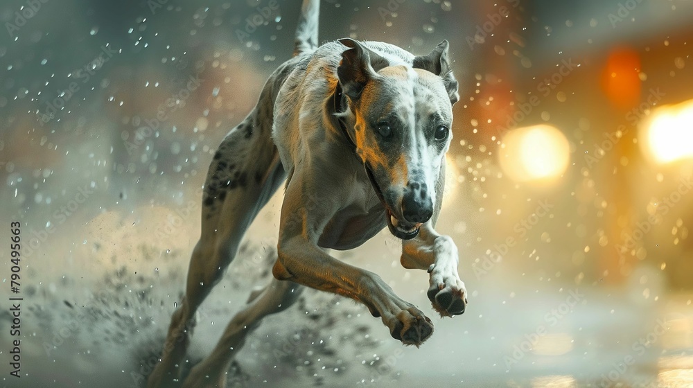 Greyhound racing through an urban landscape, speed blur, modern, sleek design , Prime lenses