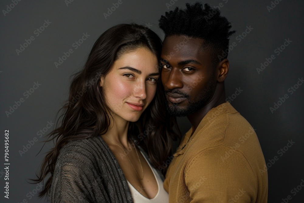 Horizontal shot of mixed race, couple stand closely to each other, isolated over background. Horizontal shot of mixed race, couple stand closely to each other, isolated over background.