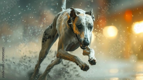 Greyhound racing through an urban landscape, speed blur, modern, sleek design , Prime lenses