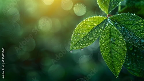 Close-up of vibrant green leaves with dewdrops under sunlight, concept of fresh nature and growth  © Picza Booth