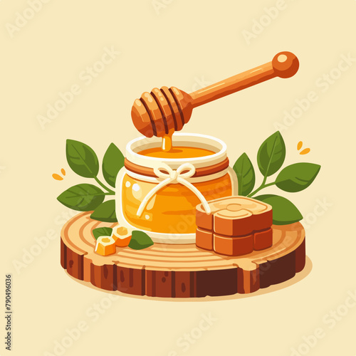 A glass pot full of honey and honey dipper product banner