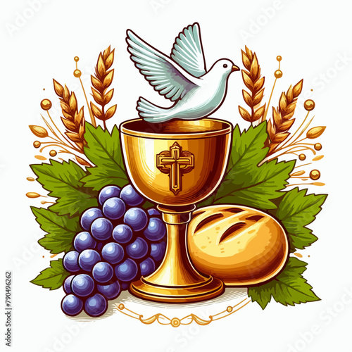 Chalice and host with wheat ears wreath and grapes logo template