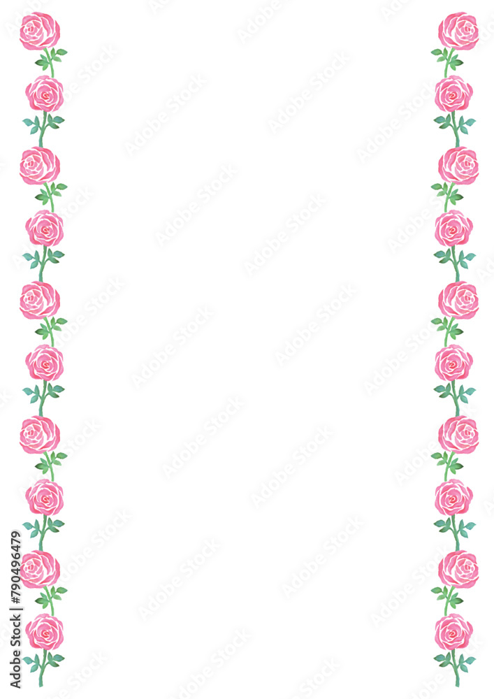 ピンクのバラを左右に配した縦型背景-白背景