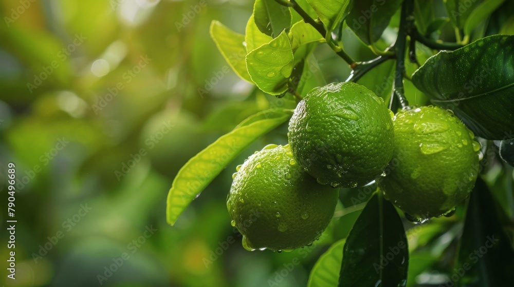 Three green limes hanging tree leaves Three green limes hanging tree leaves
