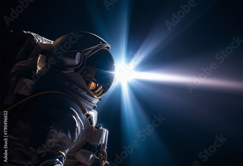 An astronaut pierces through a shadowy backdrop with a beam of light echoing themes of hope and enli photo