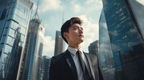 Wellgroomed, rich Chinese young man in full height in an expensive suit against the background of blurry skyscrapers, view from below photo