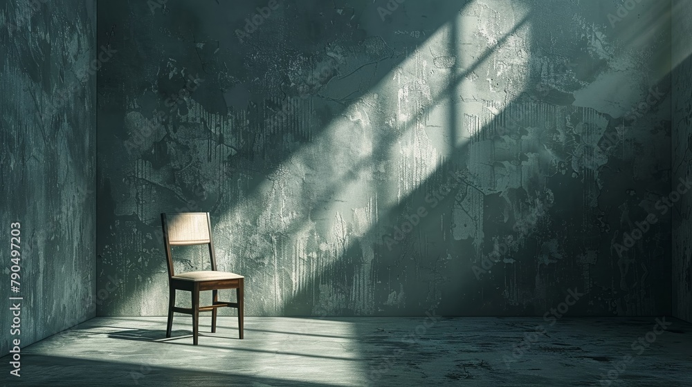 A solitary chair sits in a sparsely decorated room, illuminated by harsh lighting that creates eerie shadows, reflecting a sense of loneliness and melancholy.