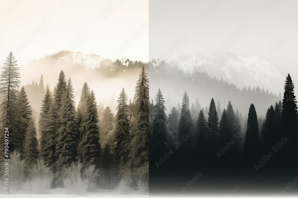 Two pictures showing trees surrounded by fog against the sky. Generative AI