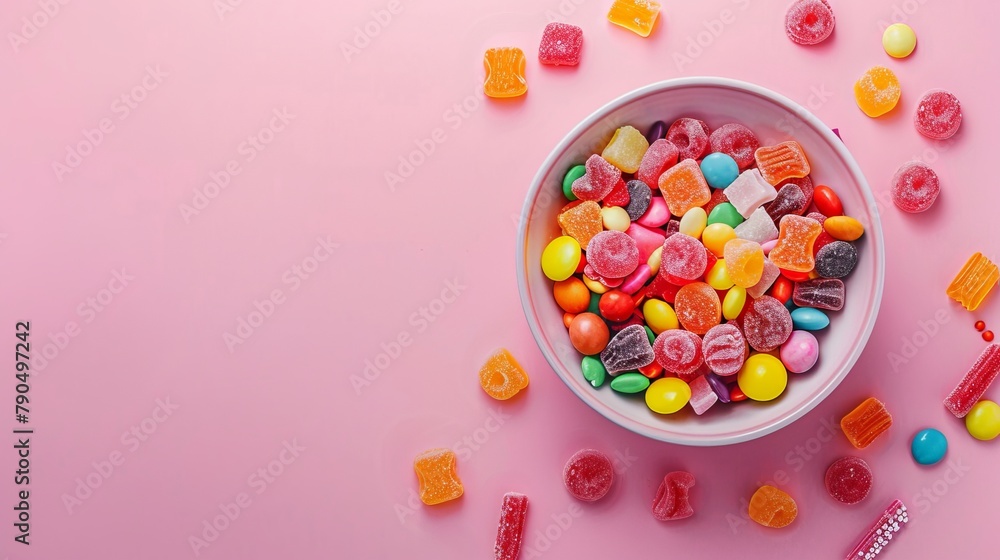 Obraz premium The concept of National Candy Day, top view. Copy space area for text. Background, banner, template, events card